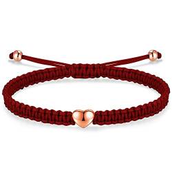 J.Endéar Mehrfarbiger Herz Armband für Damen Frauen 925 Sterling Silber Roségold Handgefertigtes Geflochtenes Armband Zeichenfolge Faden Armband Verstellbarer Seil Kette, Roségold-Rot2 von J.Endéar