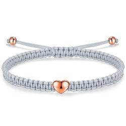 J.Endéar Mehrfarbiger Herz Armband für Damen Frauen 925 Sterling Silber Roségold Handgefertigtes Geflochtenes Armband Zeichenfolge Faden Armband Verstellbarer Seil Kette von J.Endéar