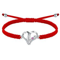 J.Endéar Mutter Herz Armband für Damen, Silber 925 Handgefertigt Geflochtene Filigrane Kordel Verstellbares Armband Rot Cubic Zirkonia Mom Schmuck Mama Geschenk, Rot von J.Endéar