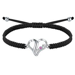 J.Endéar Mutter Herz Armband für Damen, Silber 925 Handgefertigt Geflochtene Filigrane Kordel Verstellbares Armband Rot Cubic Zirkonia Mom Schmuck Mama Geschenk, Schwarz von J.Endéar