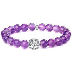 J.Endéar Natürliche Edelstein Armband Damen, 8mm Armband Amethyst Perlen, Lebensbaum Armband mit Sterling Silver Lebensbaum Charm, Geschenk für Frauen von J.Endéar