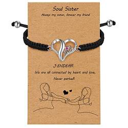 J.Endéar Schwester Herz Armband für Schwester Beste Freundin, Silber 925 mit Handgefertigter Kordel Verstellbares Armband Damen Mädchen Schmuck Freundschaft Geschenk, mit Themenkarte, Schwarz von J.Endéar