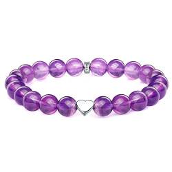 Natürliche Edelstein Armband Damen, 8mm Armband Amethyst Perlen, Armband mit Herz mit 925 Sterling Silber Herz Charme, Geschenk für Frauen von J.Endéar