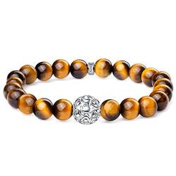 Natürliche Edelstein Armband Damen, 8mm Armband Tigerauge Perlen, Herz Armband mit 925 Sterling Silber Herz Charme, Geschenk für Frauen von J.Endéar