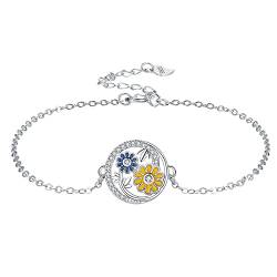 J.MUEN Sonnenblumen Armband 925 Sterling Silber Zirkon Armkette Sonnenblumen Schmuck Verstellbares Armband 17+4cm,Schmuckgeschenke für Frauen Mädchen von J.MUEN