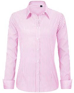 J.VER Damen-Hemden, langärmelig, Knopfleiste, knitterfrei, solide Arbeitsbluse, rosa streifen, Groß von J.VER
