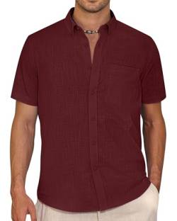 J.VER Hemd Herren Kurzarm Herren Leinenhemd Button Down Shirts Casual Freizeithemd Regular Fit Baumwolle Oberhemd,Bordeauxrot,M von J.VER