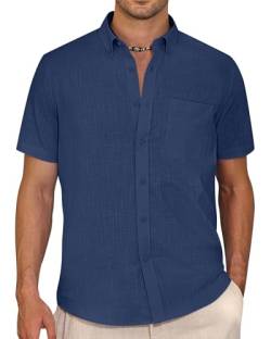 J.VER Hemd Kurzarm Herren Dunkelblaues Leinenhemd Baumwolle Freizeithemd Sommer Shirts Strandhemd Linen Knopfleiste Hemden mit Tasche,Dunkelblau,M von J.VER