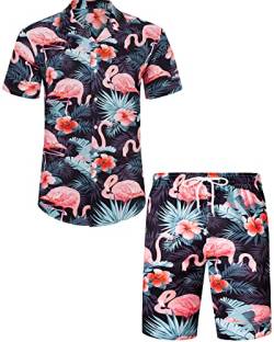 J.VER Herren Flamingos Hawaiihemden Casual Button Down Kurzarm Shirt Bedruckte Shorts Sommer Strand Tropische Hawaii Hemd Party Anzüge, Schwarz-Blume & Flamingo, Medium von J.VER
