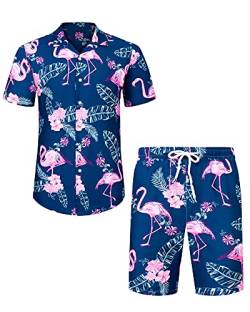 J.VER Herren Hawaiihemd Kurzarm Party Hemd Casual Flamingo Floral Strandhemd Bügelfrei Button Down Kurzarm Hawaii Shirt und Shorts Faltenfrei Urlaub Hemd Set,Blau Flamingo,3XL von J.VER