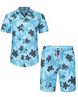 J.VER Herren Hawaiihemd Kurzarm Party Hemd Casual Flamingo Floral Strandhemd Bügelfrei Button Down Kurzarm Hawaii Shirt und Shorts Faltenfrei Urlaub Hemd Set,Blau Schildkröten,XL von J.VER