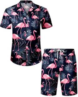 J.VER Herren Hawaiihemd Kurzarm Party Hemd Casual Flamingo Floral Strandhemd Bügelfrei Button Down Kurzarm Hawaii Shirt und Shorts Faltenfrei Urlaub Hemd Set,Dunkelblau Flamingo,M von J.VER