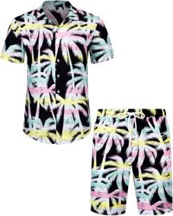 J.VER Herren Hawaiihemd Kurzarm Party Hemd Casual Flamingo Floral Strandhemd Bügelfrei Button Down Kurzarm Hawaii Shirt und Shorts Faltenfrei Urlaub Hemd Set,Kokosnussbaum Schwarz,S von J.VER