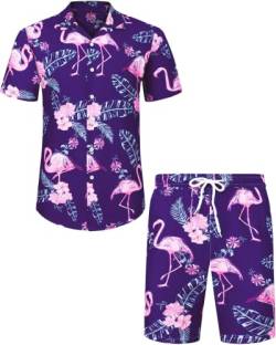 J.VER Herren Hawaiihemd Kurzarm Party Hemd Casual Flamingo Floral Strandhemd Bügelfrei Button Down Kurzarm Hawaii Shirt und Shorts Faltenfrei Urlaub Hemd Set,Lila Flamingo,XXL von J.VER