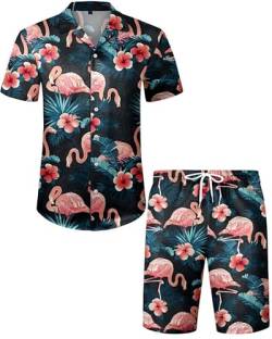 J.VER Herren Hawaiihemd Kurzarm Party Hemd Casual Flamingo Floral Strandhemd Bügelfrei Button Down Kurzarm Hawaii Shirt und Shorts Faltenfrei Urlaub Hemd Set,Marineblau Floral,XL von J.VER
