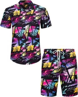 J.VER Herren Hawaiihemd Kurzarm Party Hemd Casual Flamingo Floral Strandhemd Bügelfrei Button Down Kurzarm Hawaii Shirt und Shorts Faltenfrei Urlaub Hemd Set,Mehrfarbig,L von J.VER