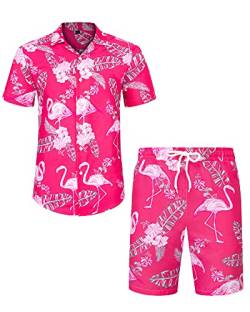 J.VER Herren Hawaiihemd Kurzarm Party Hemd Casual Flamingo Floral Strandhemd Bügelfrei Button Down Kurzarm Hawaii Shirt und Shorts Faltenfrei Urlaub Hemd Set,Rosa Flamingo,XXL von J.VER