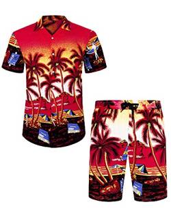 J.VER Herren Hawaiihemd Kurzarm Party Hemd Casual Flamingo Floral Strandhemd Bügelfrei Button Down Kurzarm Hawaii Shirt und Shorts Faltenfrei Urlaub Hemd Set,Rot Strand,XXL von J.VER