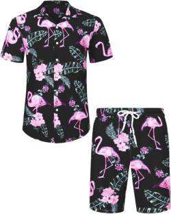 J.VER Herren Hawaiihemd Kurzarm Party Hemd Casual Flamingo Floral Strandhemd Bügelfrei Button Down Kurzarm Hawaii Shirt und Shorts Faltenfrei Urlaub Hemd Set,Schwarz Flamingo,L von J.VER