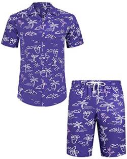 J.VER Herren Hawaiihemd Kurzarm Party Hemd Casual Flamingo Floral Strandhemd Bügelfrei Button Down Kurzarm Hawaii Shirt und Shorts Faltenfrei Urlaub Hemd Set,Violett,3XL von J.VER