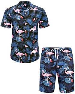 J.VER Herren Hawaiihemd Kurzarm Party Hemd Casual Flamingo Floral Strandhemd Bügelfrei Button Down Kurzarm Hawaii Shirt und Shorts Faltenfrei Urlaub Hemd Set,navyblau,L von J.VER