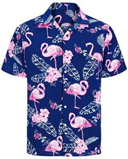 J.VER Herren Hawaiihemd Kurzarm Sommerhemd Casual Flamingo Floral Strandhemd Bügelfrei Button Down Kurzarm Hawaii Shirt Faltenfrei Urlaub Shirt,Blau Flamingo,3XL von J.VER