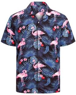 J.VER Herren Hawaiihemd Kurzarm Sommerhemd Casual Flamingo Floral Strandhemd Bügelfrei Button Down Kurzarm Hawaii Shirt Faltenfrei Urlaub Shirt,Dunkelblau Flamingo,3XL von J.VER