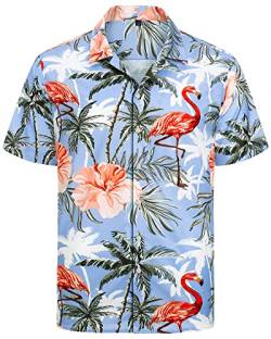 J.VER Herren Hawaiihemd Kurzarm Sommerhemd Casual Flamingo Floral Strandhemd Bügelfrei Button Down Kurzarm Hawaii Shirt Faltenfrei Urlaub Shirt,Flamingo Blau,L von J.VER