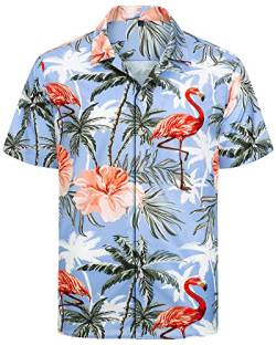 J.VER Herren Hawaiihemd Kurzarm Sommerhemd Casual Flamingo Floral Strandhemd Bügelfrei Button Down Kurzarm Hawaii Shirt Faltenfrei Urlaub Shirt,Flamingo Blau,XL von J.VER