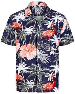 J.VER Herren Hawaiihemd Kurzarm Sommerhemd Casual Flamingo Floral Strandhemd Bügelfrei Button Down Kurzarm Hawaii Shirt Faltenfrei Urlaub Shirt,Flamingo Marineblau,L von J.VER