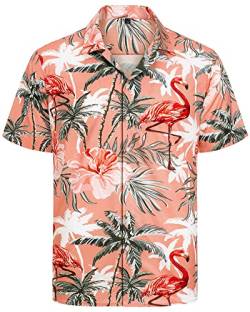 J.VER Herren Hawaiihemd Kurzarm Sommerhemd Casual Flamingo Floral Strandhemd Bügelfrei Button Down Kurzarm Hawaii Shirt Faltenfrei Urlaub Shirt,Flamingo Orange,M von J.VER