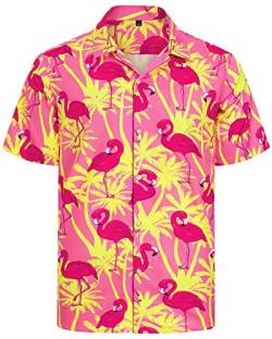 J.VER Herren Hawaiihemd Kurzarm Sommerhemd Casual Flamingo Floral Strandhemd Bügelfrei Button Down Kurzarm Hawaii Shirt Faltenfrei Urlaub Shirt,Gelb Flamingo Rosa,3XL von J.VER