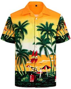 J.VER Herren Hawaiihemd Kurzarm Sommerhemd Casual Flamingo Floral Strandhemd Bügelfrei Button Down Kurzarm Hawaii Shirt Faltenfrei Urlaub Shirt,Gelb Strand,M von J.VER
