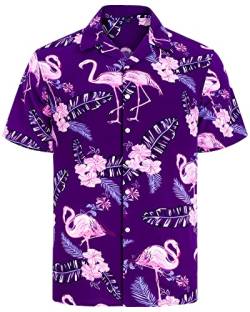 J.VER Herren Hawaiihemd Kurzarm Sommerhemd Casual Flamingo Floral Strandhemd Bügelfrei Button Down Kurzarm Hawaii Shirt Faltenfrei Urlaub Shirt,Lila Flamingo,L von J.VER