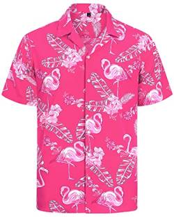 J.VER Herren Hawaiihemd Kurzarm Sommerhemd Casual Flamingo Floral Strandhemd Bügelfrei Button Down Kurzarm Hawaii Shirt Faltenfrei Urlaub Shirt,Rosa Flamingo,S von J.VER