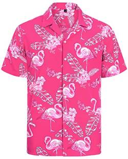 J.VER Herren Hawaiihemd Kurzarm Sommerhemd Casual Flamingo Floral Strandhemd Bügelfrei Button Down Kurzarm Hawaii Shirt Faltenfrei Urlaub Shirt,Rosa Flamingo,XL von J.VER