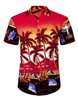 J.VER Herren Hawaiihemd Kurzarm Sommerhemd Casual Flamingo Floral Strandhemd Bügelfrei Button Down Kurzarm Hawaii Shirt Faltenfrei Urlaub Shirt,Rot Strand,M von J.VER