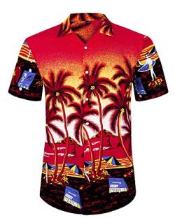 J.VER Herren Hawaiihemd Kurzarm Sommerhemd Casual Flamingo Floral Strandhemd Bügelfrei Button Down Kurzarm Hawaii Shirt Faltenfrei Urlaub Shirt,Rot Strand,XL von J.VER