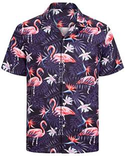 J.VER Herren Hawaiihemd Kurzarm Sommerhemd Casual Flamingo Floral Strandhemd Bügelfrei Button Down Kurzarm Hawaii Shirt Faltenfrei Urlaub Shirt,Schwarz Lila,XXL von J.VER