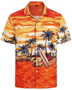 J.VER Herren Hawaiihemd Kurzarm Sommerhemd Casual Flamingo Floral Strandhemd Bügelfrei Button Down Kurzarm Hawaii Shirt Faltenfrei Urlaub Shirt,Strand Orange,M von J.VER