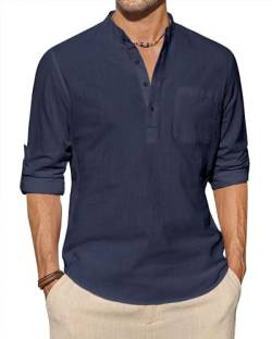 J.VER Herren Leinenhemd Marine Sommer Langarm Henley Hemd Normale Passform Freizeithemd Männer XL von J.VER