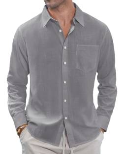 J.VER Herren Leinenhemden Casual Button Down Langarm Hemd Solide Spread Kragen Sommer Strand Shirts mit Tasche, grau dunkel, XL von J.VER
