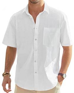 J.VER Leinenhemd Herren Hemd Kurzarm Leinenshirt Freizeithemd Businesshemd Sommer Casual Regular Fit Shirt,Weiß,5XL von J.VER