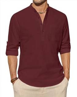 J.VER Leinenhemd Herren Langarm Freizeithemd Henley Sommerhemd Herren Hemd Regular Fit Men Shirts,Bordeauxrot,3XL von J.VER