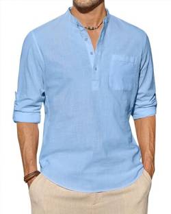 J.VER Leinenhemd Herren Langarm Freizeithemd Henley Sommerhemd Herren Hemd Regular Fit Men Shirts,Hellblau,4XL von J.VER