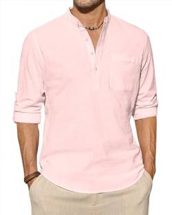 J.VER Leinenhemd Herren Langarm Freizeithemd Henley Sommerhemd Herren Hemd Regular Fit Men Shirts,Rosa,XXL von J.VER