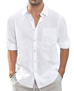 J.VER Leinenhemd Herren Weißes Langarm Freizeithemd Regular Fit Sommerhemd Knopfleiste Linen Shirt Einfarbig Casual Shirt Strandoberteil,Weiß,L von J.VER