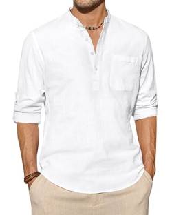 J.VER Leinenhemd Weißes Hemd Herren Henley Langarm Freizeithemd Regular Fit Men Shirt 4XL von J.VER