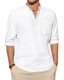 J.VER Leinenhemd Weißes Hemd Herren Henley Langarm Freizeithemd Regular Fit Men Shirt L von J.VER