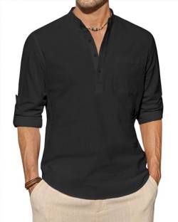 J.VER Schwarzes Hemd Herren Baumwolle Leinenhemd Sommer Shirts Langarm Regular Fit Freizeithemd 4XL von J.VER